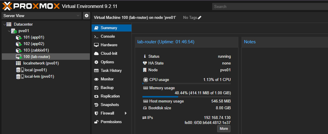 The finished Proxmox view with the InfraLab guests