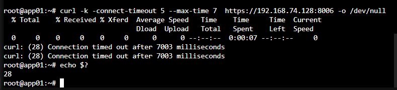 The intended timeout when app01 tries to reach Proxmox management