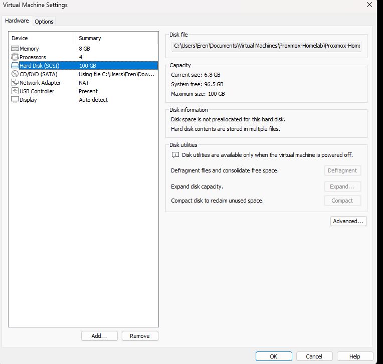 VMware disk settings for the nested Proxmox VM