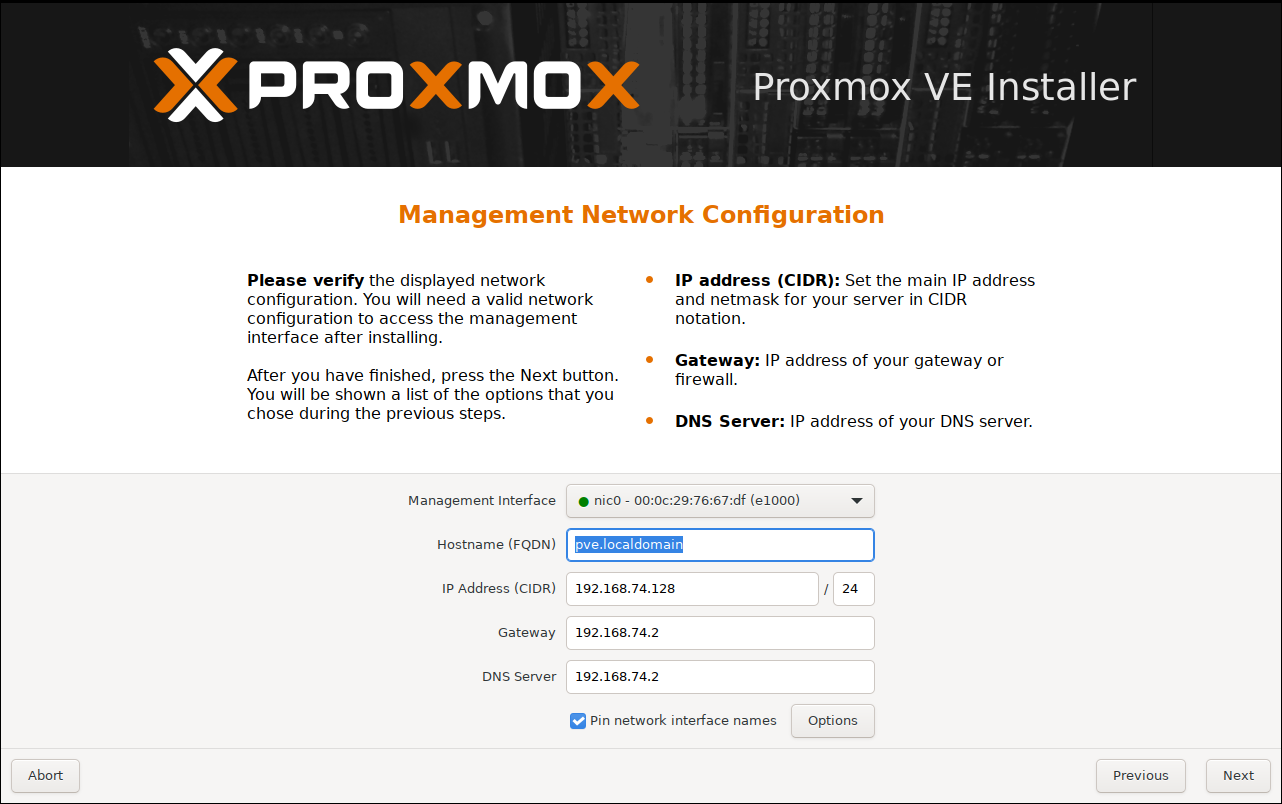 Proxmox installer management-network configuration