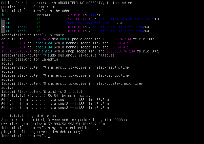 Routes, services, timers, and internet validation after reboot