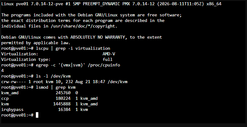 KVM and nested-virtualization verification inside Proxmox