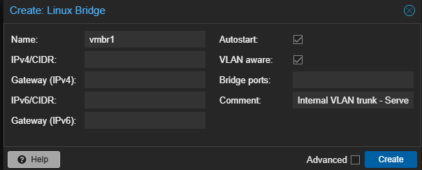 Creating the internal VLAN-aware vmbr1 bridge