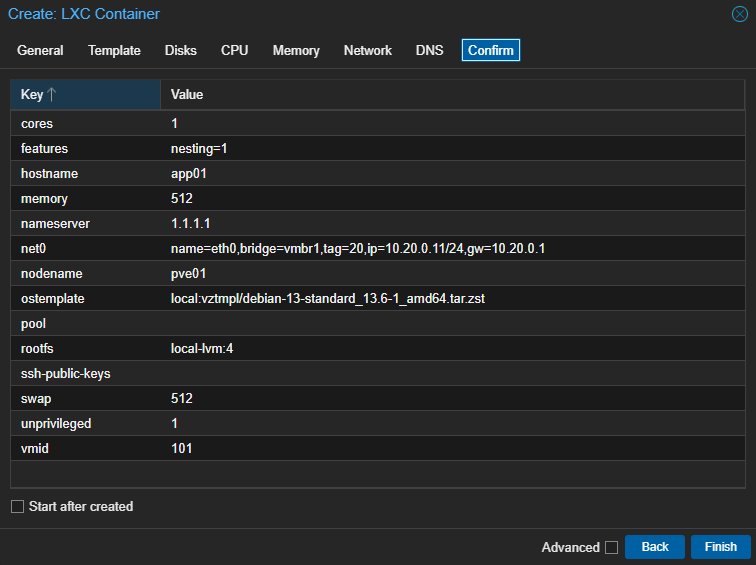 app01 container creation summary