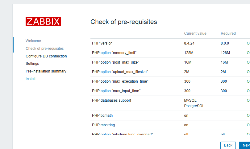 Zabbix prerequisite check