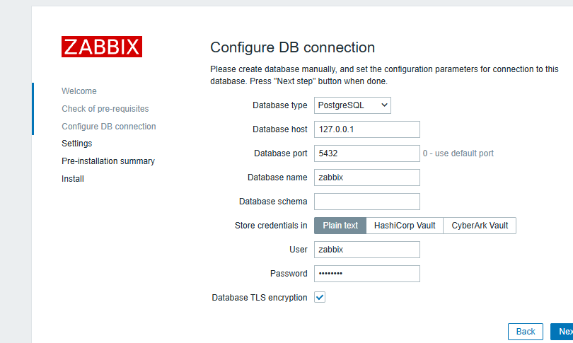 Zabbix PostgreSQL connection settings