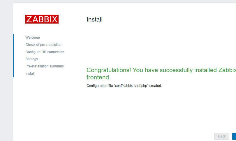 Zabbix frontend installation completed
