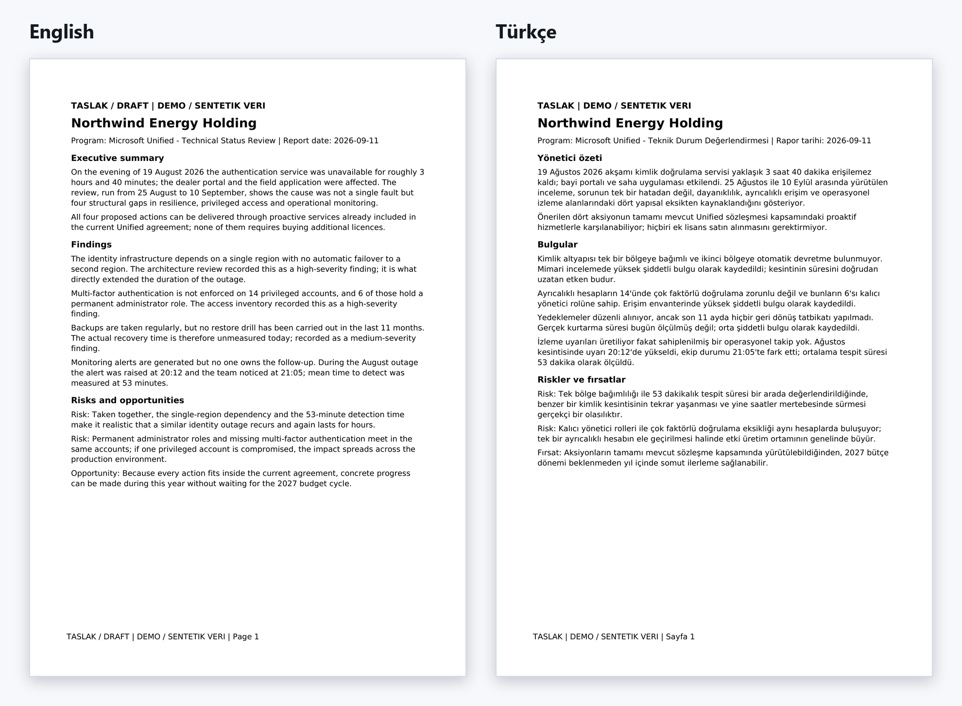 Synthetic first page of the Debrief executive brief in English and Turkish